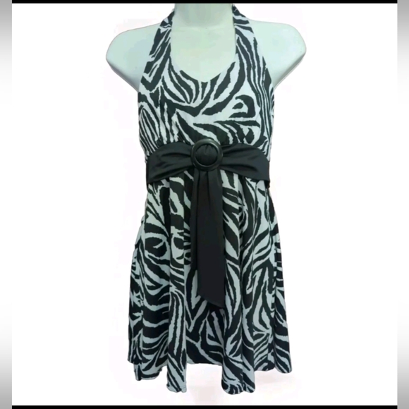 Womens V-Neck Halter Top Black/ White Zebra Design Belted Size 12 - Picture 2 of 16